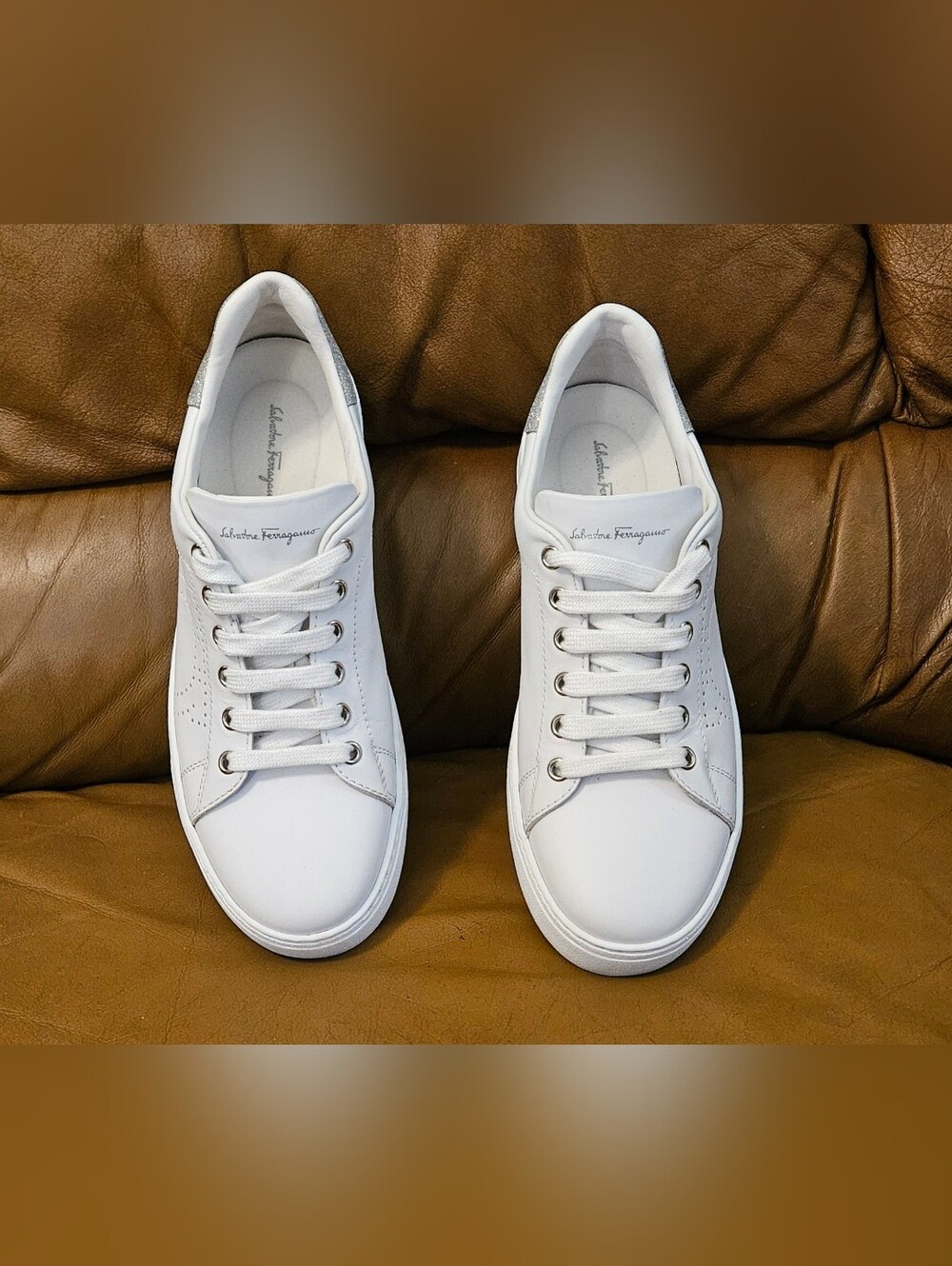 Women's Salvatore Ferragamo White Leather Silver Glitter Size 8.5 - Picture 8 of 16